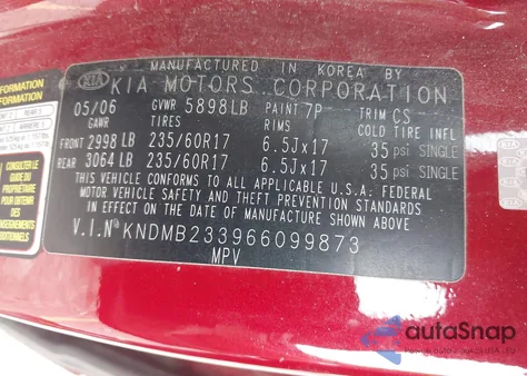 2006 Kia Sedona Ex/Lx from USA, damaged, VIN KNDMB233966099873